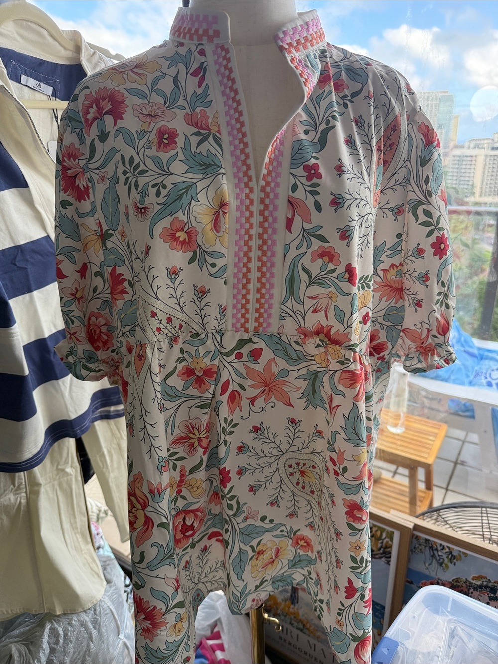 Floral Short-Sleeve Women's Blouse in Cream with Pink Trim